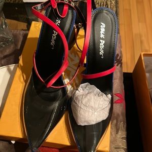 Size 6 high heels red, blue with yellow heels